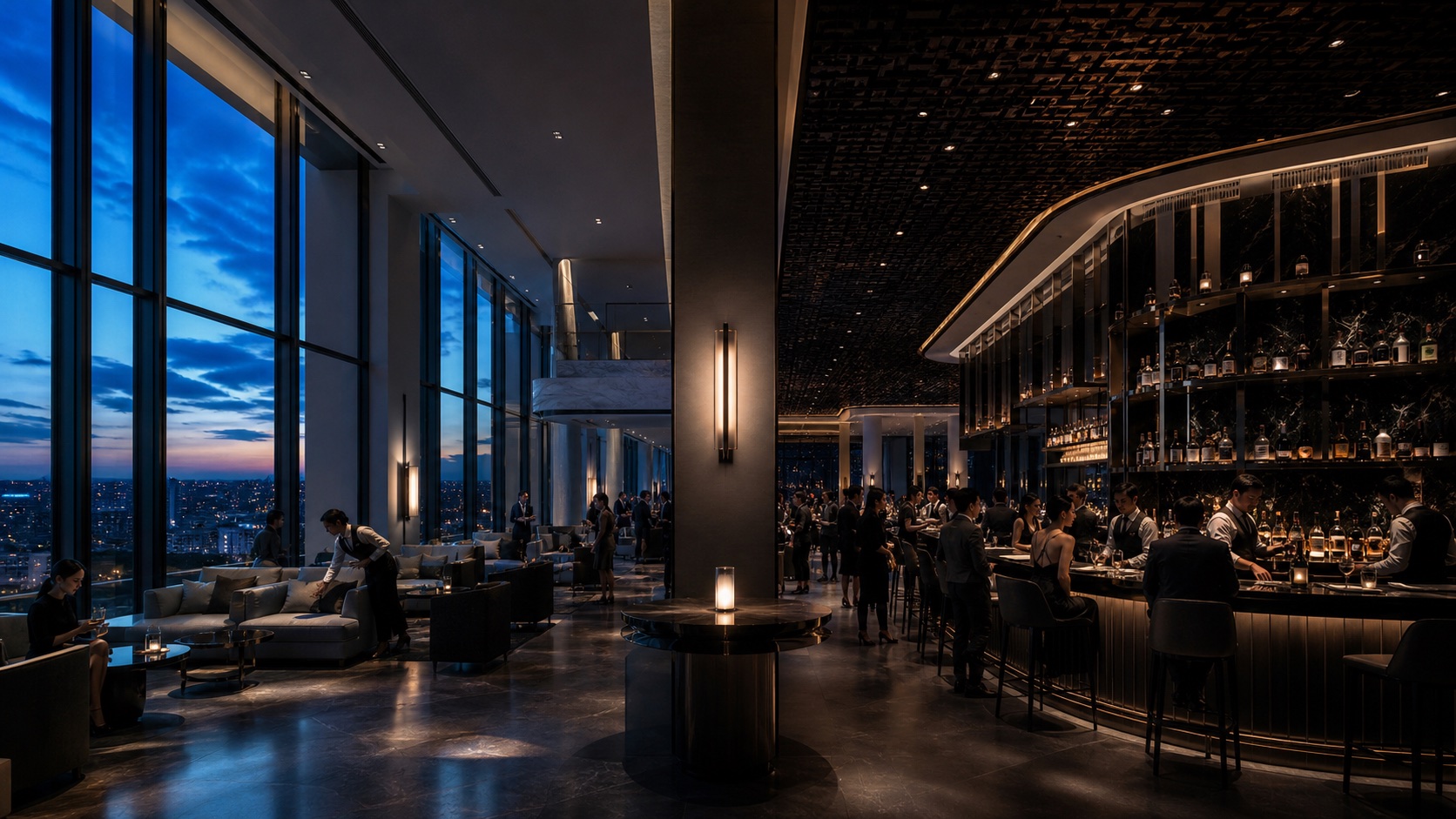 An atmospheric venue lounge whose music program evolves from day into night