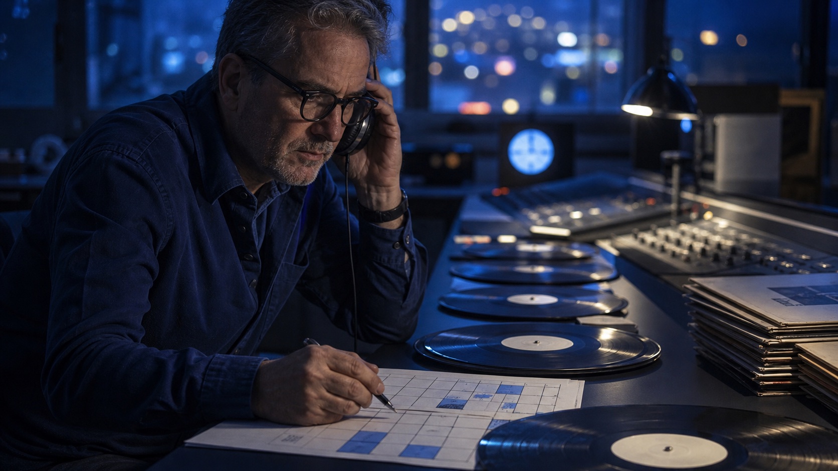 A music curator reviewing an evolving venue program with records and energy notes