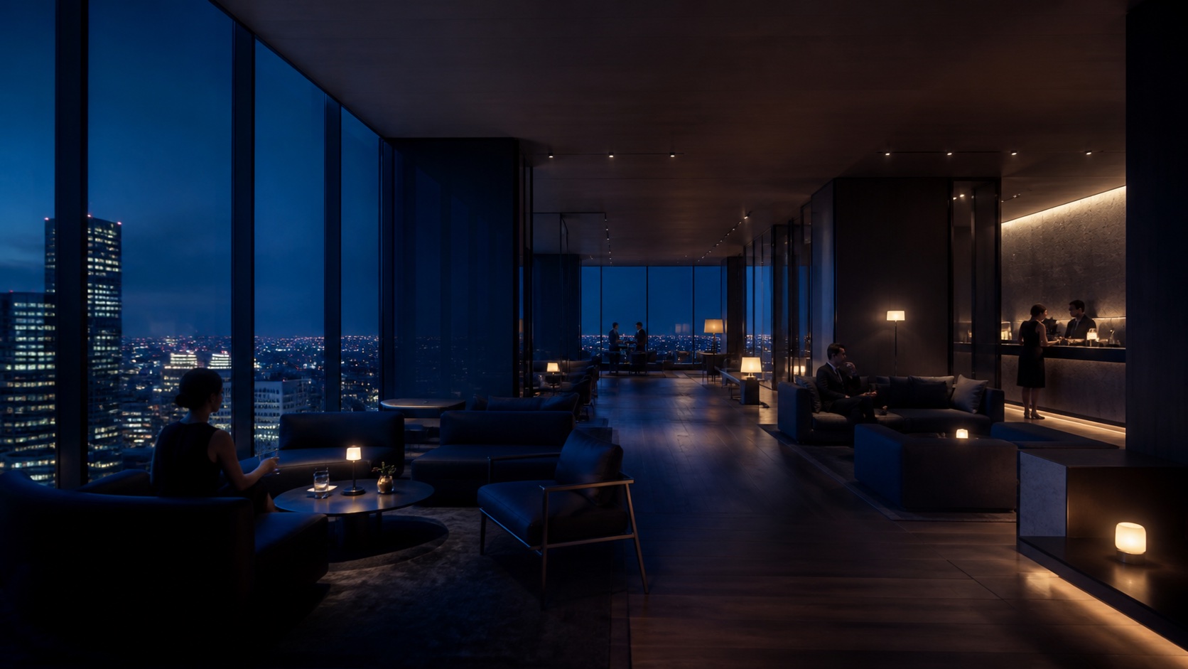 A contemporary hotel lounge shaped by blue evening light