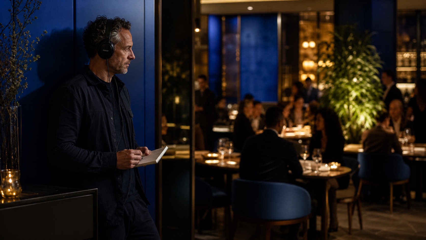 A busy hotel bar whose changing atmosphere is being observed by an experienced music curator