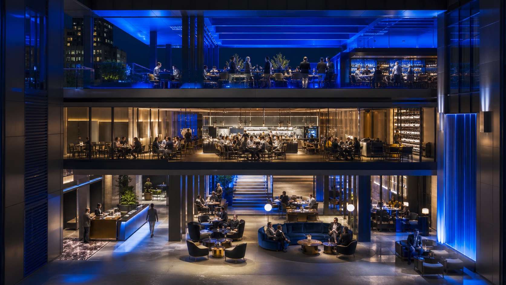 A sophisticated hospitality interior with several connected guest zones