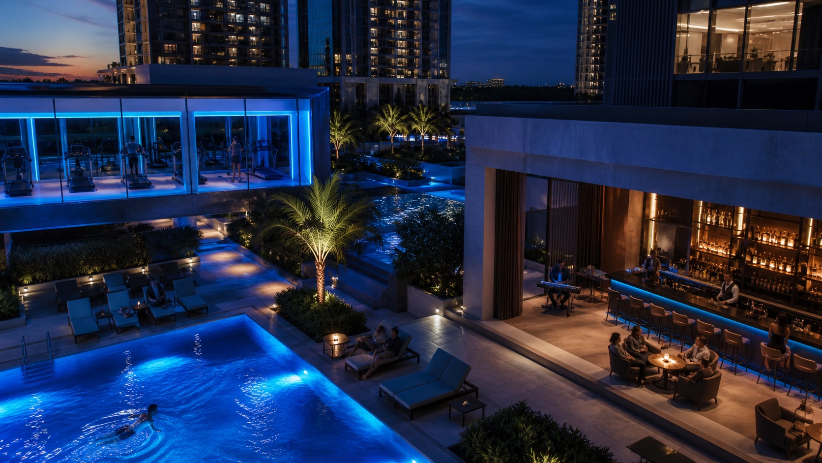 A resort property with pool, lounge, restaurant and wellness zones connected through one landscape