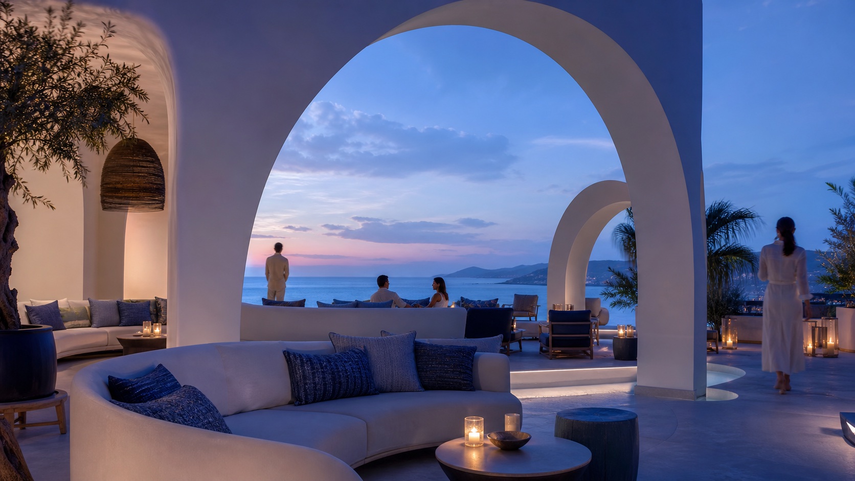 A flowing coastal hospitality venue at twilight