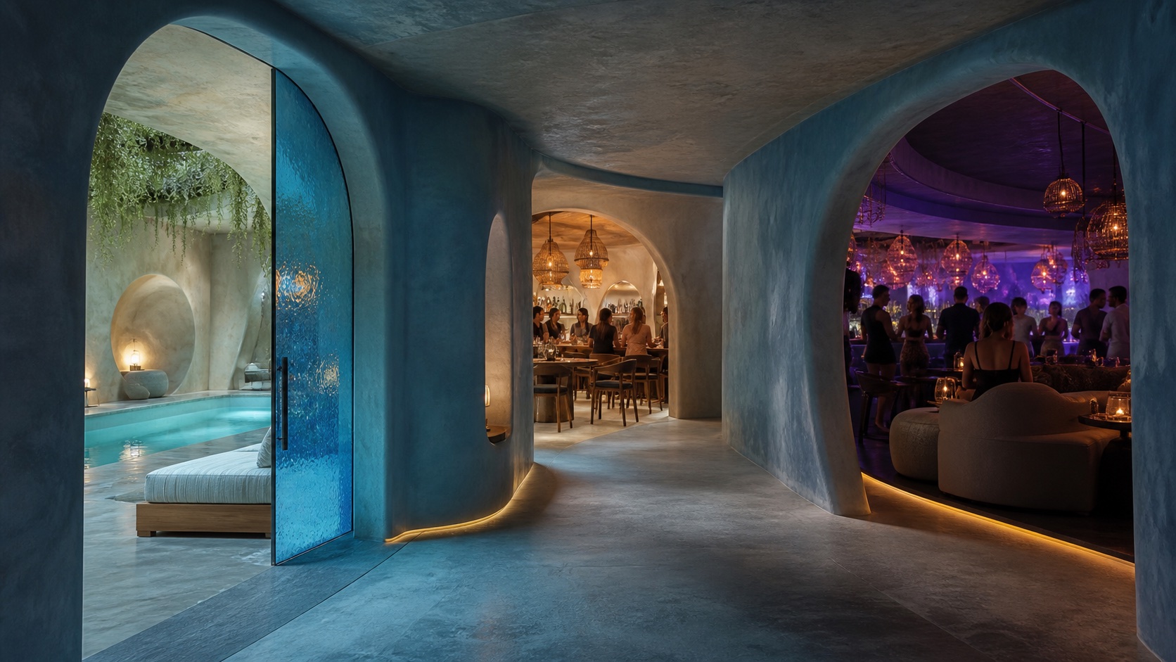 A resort property with pool, lounge, restaurant and wellness zones connected through one landscape