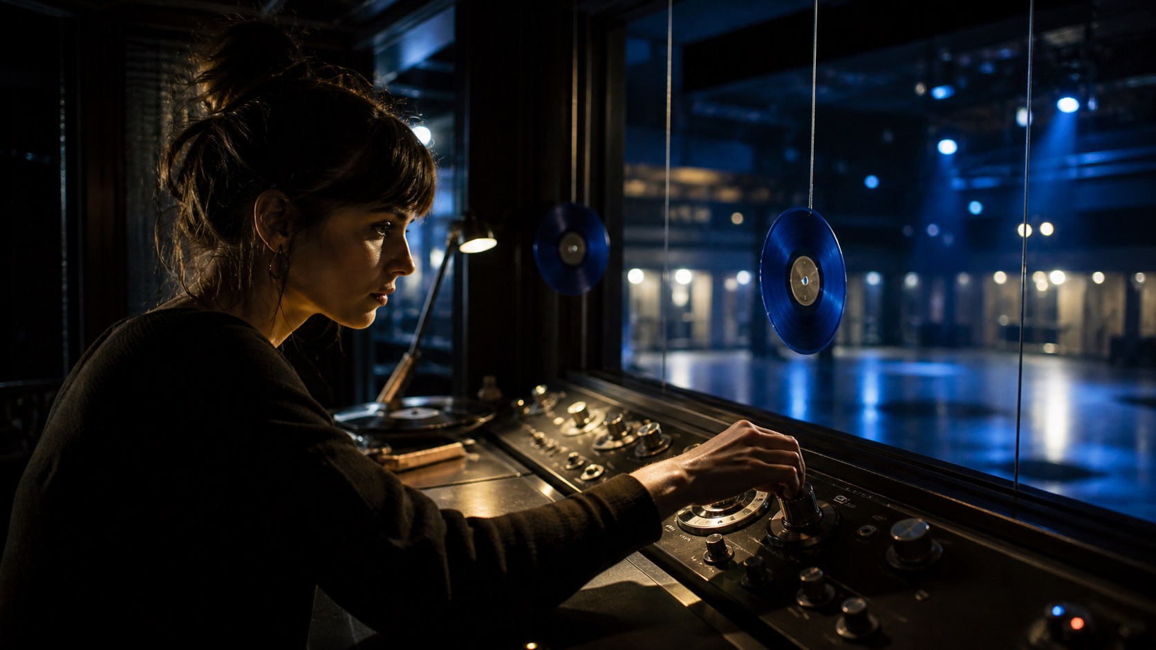 A music curator reviewing an evolving venue program with records and energy notes