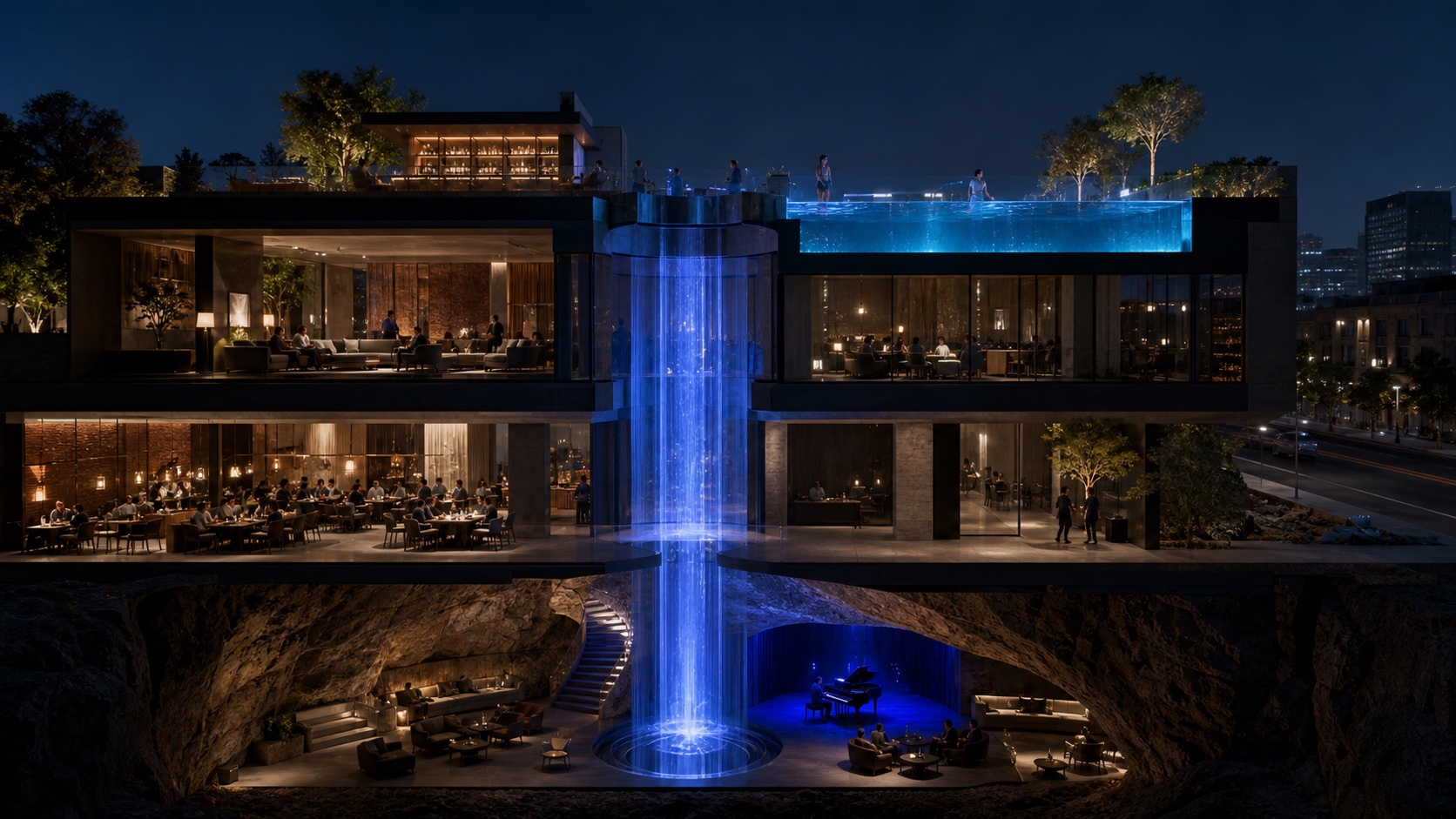 A sophisticated hospitality interior with several connected guest zones